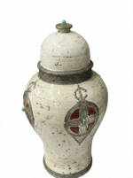 Handcrafted Moroccan-Style Ceramic Urn with Silver Filigree & Turquoise Accents