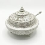 Luxury Vintage Silver & White Enamel Sugar Pot with Hinged Lid and Spoon