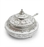 Luxury Vintage Silver & White Enamel Sugar Pot with Hinged Lid and Spoon - Image 2