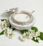 Luxury Vintage Silver & White Enamel Sugar Pot with Hinged Lid and Spoon - Image 4