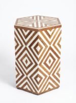 Luxury Hexagonal Side Table with Geometric Wood & Bone Inlay